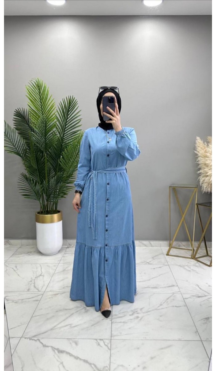 Düğmeli Kot Elbise Açık Mavi