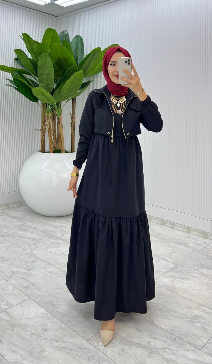 Siyah Hicran Elbise Takım Tesettür Elbise