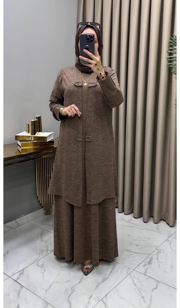 Yelekli Elbise Takım Kahve