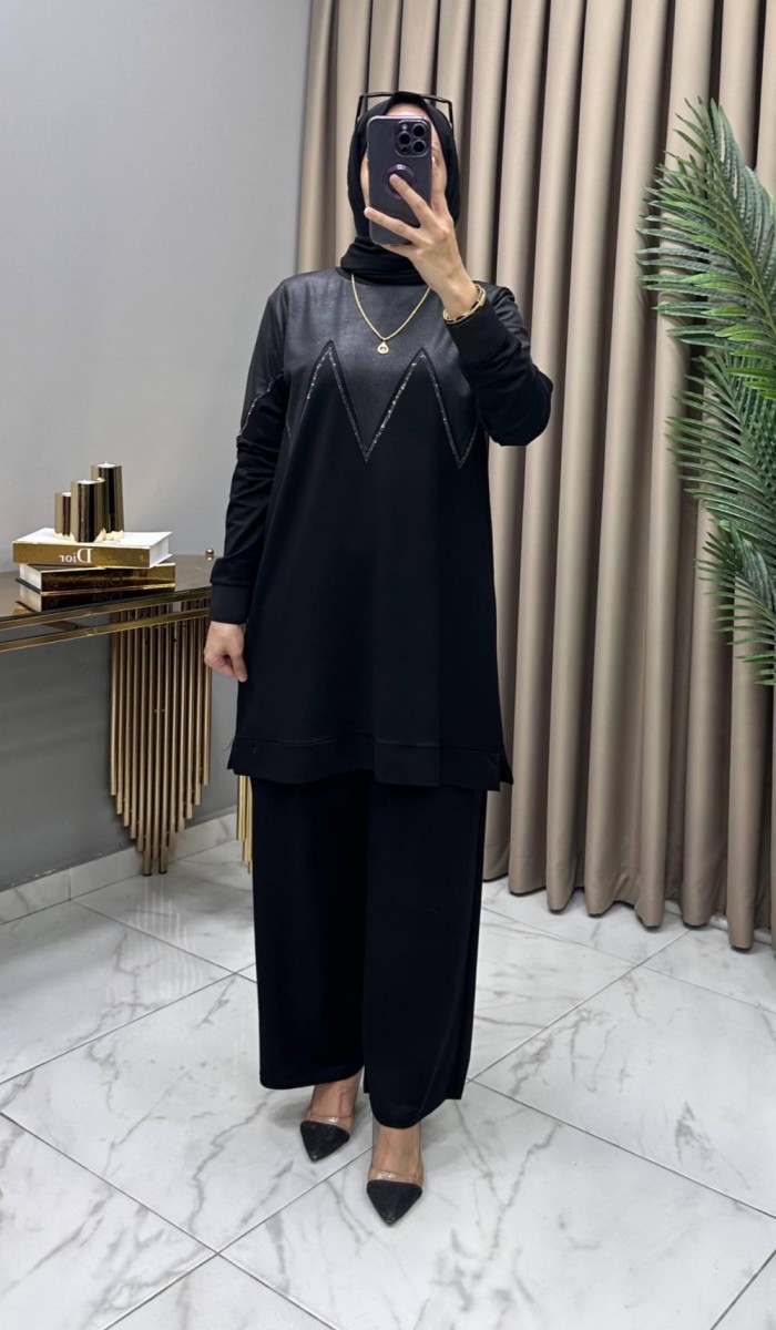 Zikzak Taş/Deri Detaylı Takım Siyah