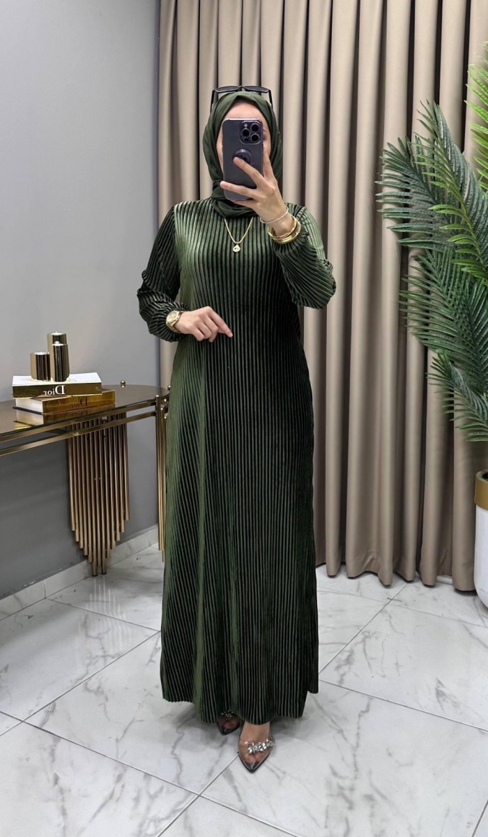 Multi Piliseli Kadife Elbise Haki Multi Piliseli Kadife Elbise Haki