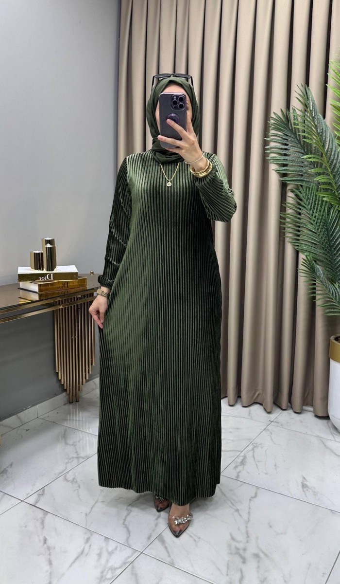 Multi Piliseli Kadife Elbise Haki Multi Piliseli Kadife Elbise Haki