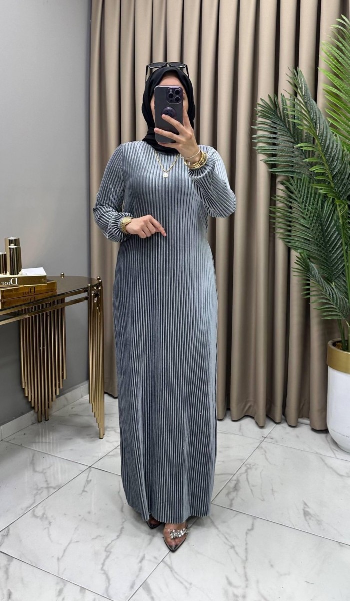 Multi Piliseli Kadife Elbise Gri