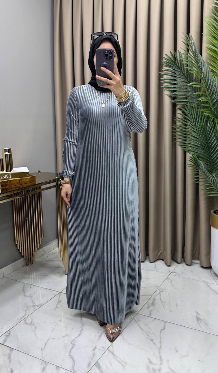 Multi Piliseli Kadife Elbise Gri