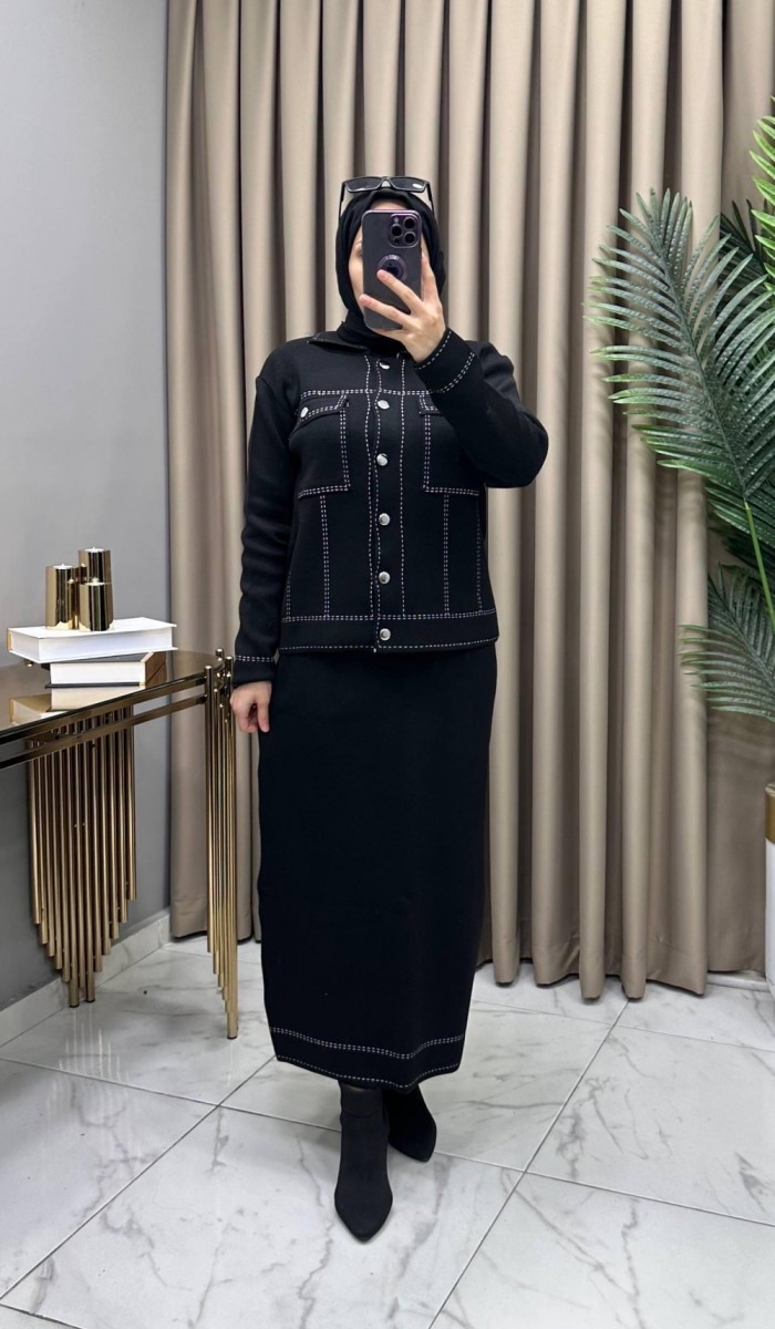 Melis Triko Etekli Takım Siyah