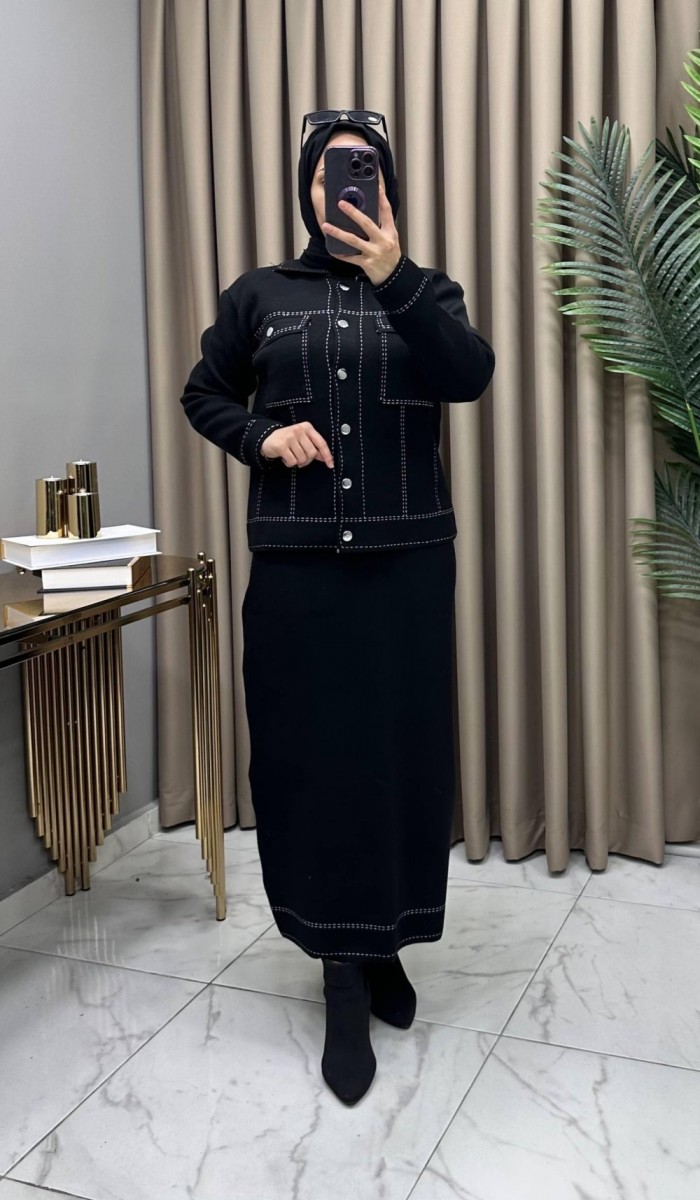 Melis Triko Etekli Takım Siyah