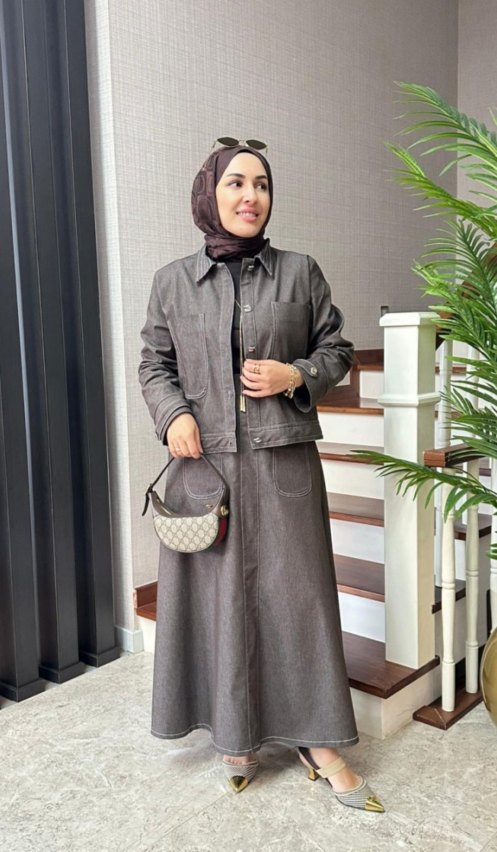 Kontrast Dikişli Kot Etekli Takım Kontrast Dikişli Kot Etekli Takım