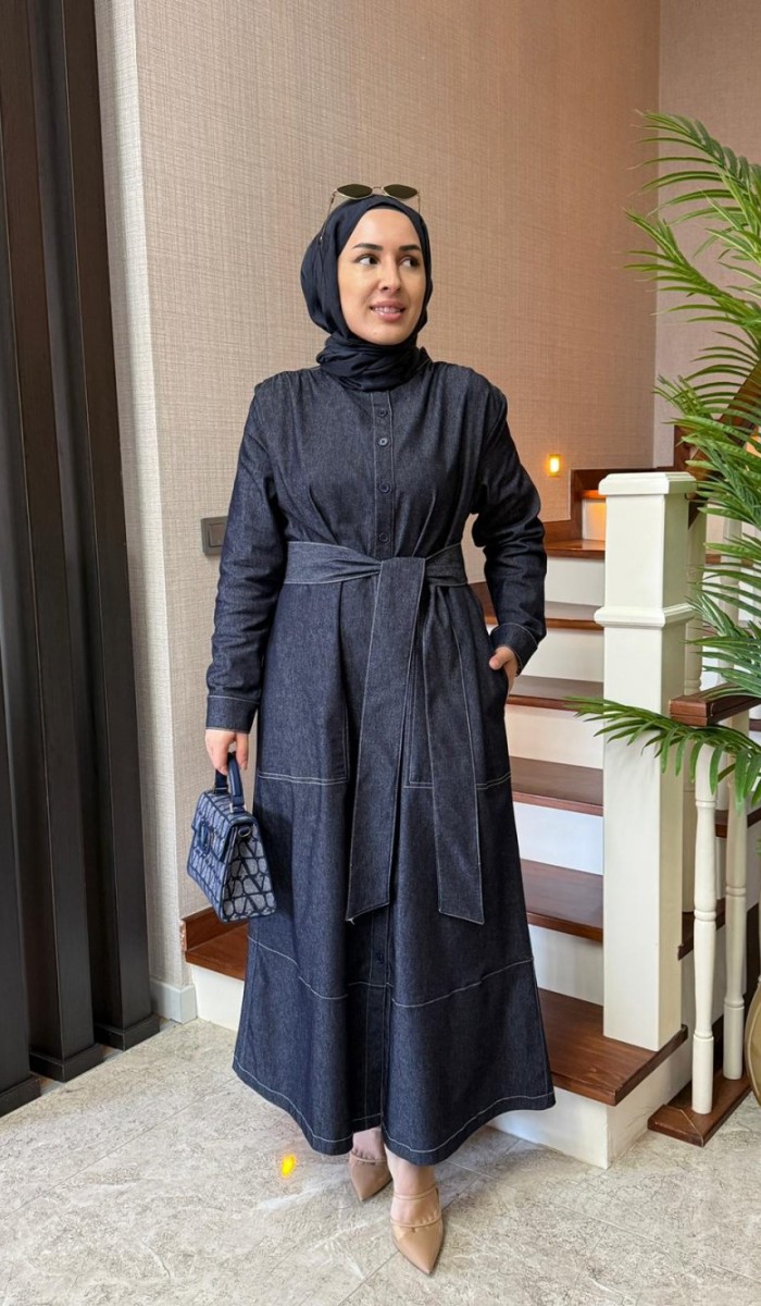 Kontrast Dikişli Kot Elbise