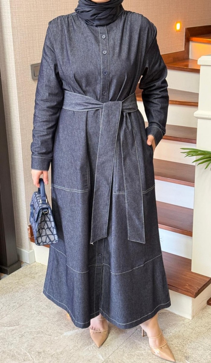 Kontrast Dikişli Kot Elbise