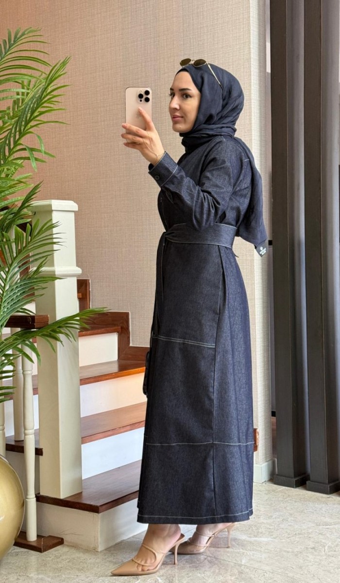 Kontrast Dikişli Kot Elbise