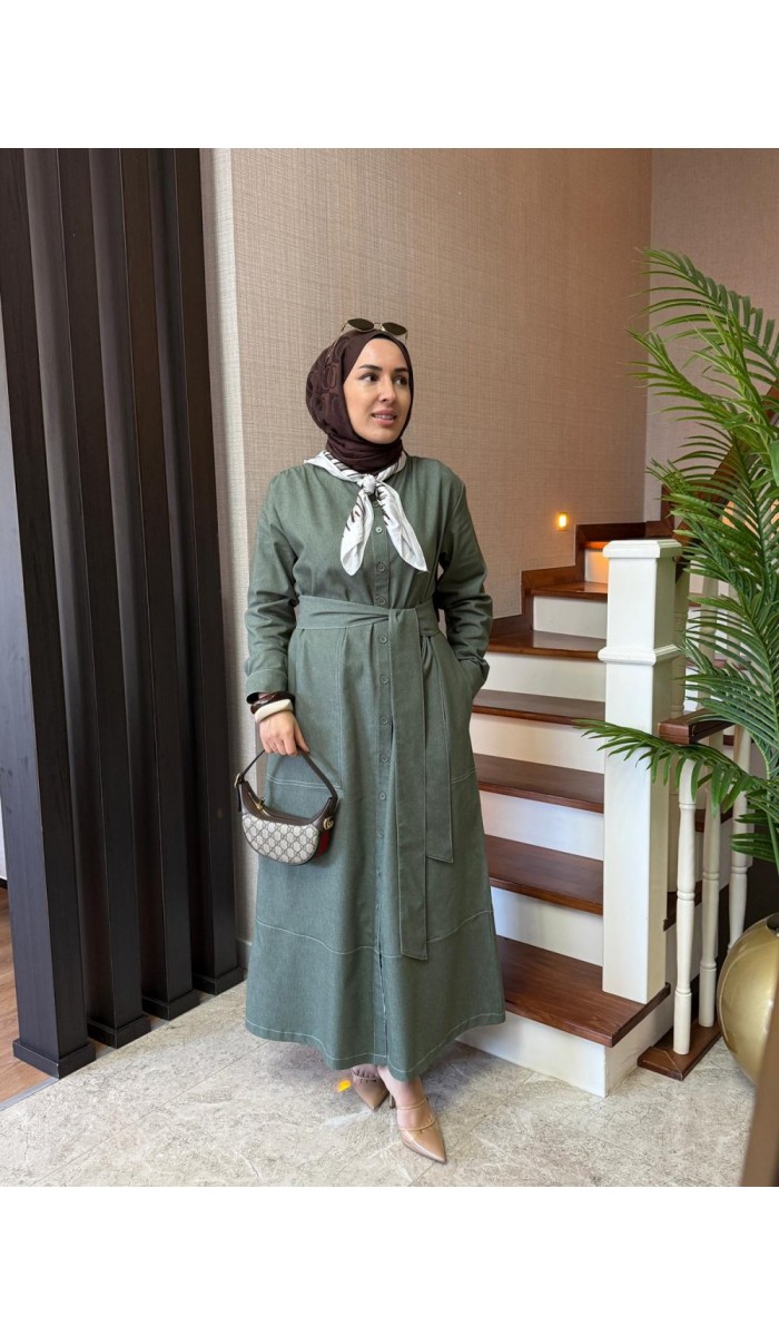 Kontrast Dikişli Kot Elbise