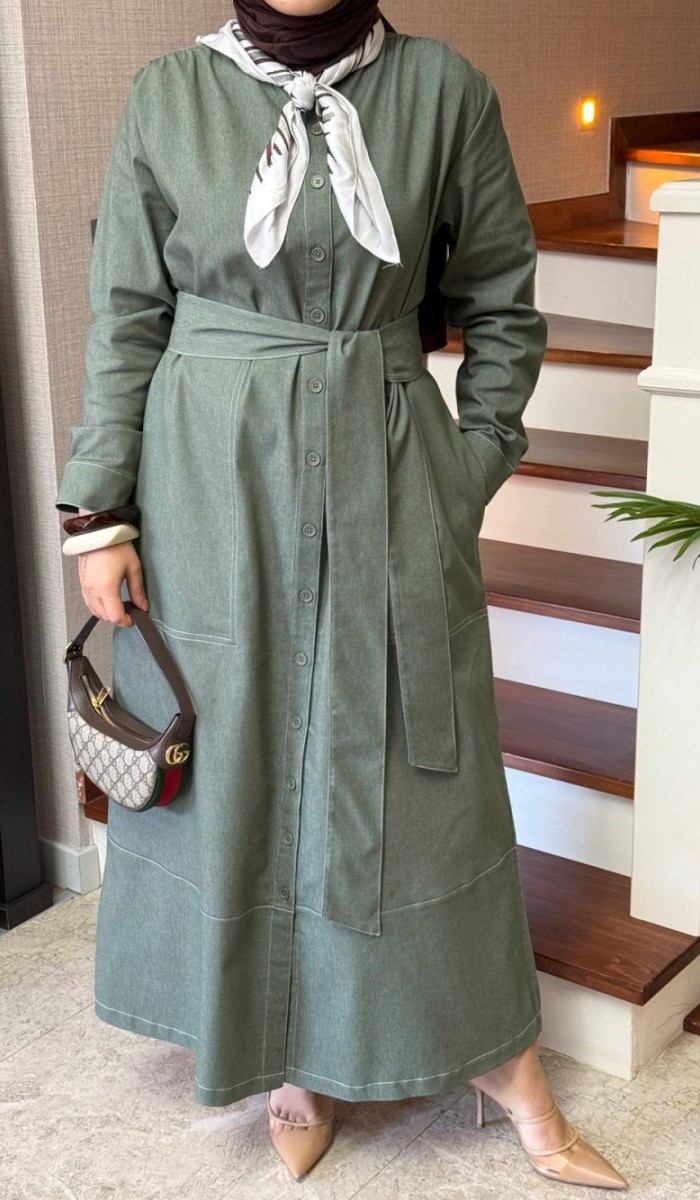 Kontrast Dikişli Kot Elbise