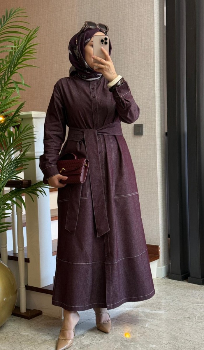 Kontrast Dikişli Kot Elbise